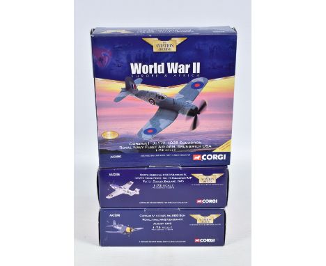 THREE BOXED LIMITED EDITION 1/72 SCALE CORGI AVIATION ARCHIVE DIECAST MODEL AIRCRAFTS, the first is a Corsair IV, numbered AA