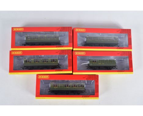 FIVE BOXED 00 SCALE HORNBY COACHES, the first a SR 6 Wheel 3rd Class Coach No.1908, numbered R40086, a SR 6 Wheel 1st Class C