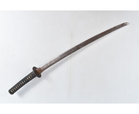 A BELLIEVED TO BE 18TH CENTURY JAPANESE WAKIZASHI SWORD, worn blade, the tsuba cast with birds, clouds and mountains, complet