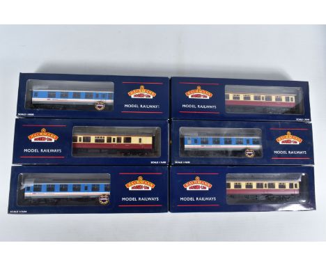 SIX BOXED OO GAUGE BACHMANN BRANCHLINE MODEL RAILWAY COACHES, to include a Collett 60ft 1st/2nd composite coach in BR crimson