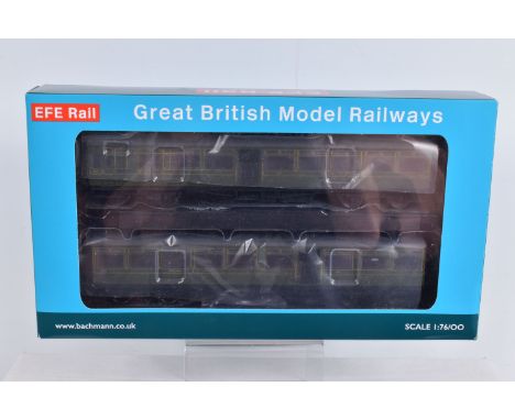 A BOXED OO GAUGE EFE MODEL RAIL LOCOMOTIVE TWO COACH SET, LSWR 'Gate Stock in Southern Rail Olive Green, model no. E86002, ap