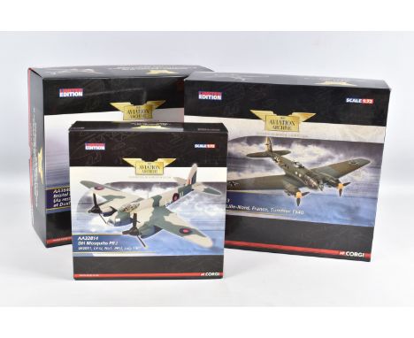 THREE BOXED LIMITED EDITION 1/72 SCALE DIECAST CORGI AVIATION ARCHIVE MODEL AIRCRAFTS, the first a DH Mosquito numbered AA328