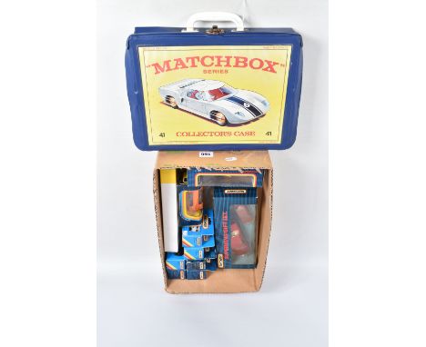 A 1960'S MATCHBOX CARRYCASE AND CONTENTS, to include Matchbox Ford Zodiac, No.33, sea green body, hook and metal wheels, with