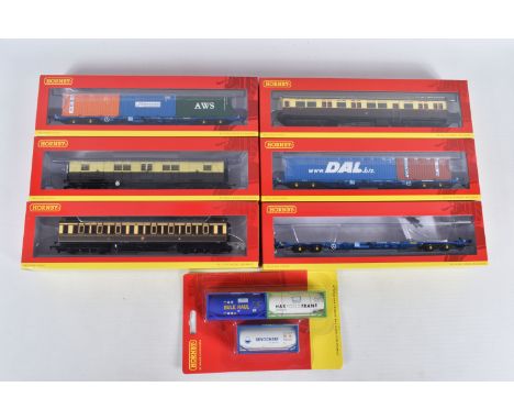 SIX BOXED 00 SCALE HORNBY MODELS AND A BLISTER PACK OF 00 SCALE CONTAINERS, to include a GWR Autocoach '190', numbered R4831,