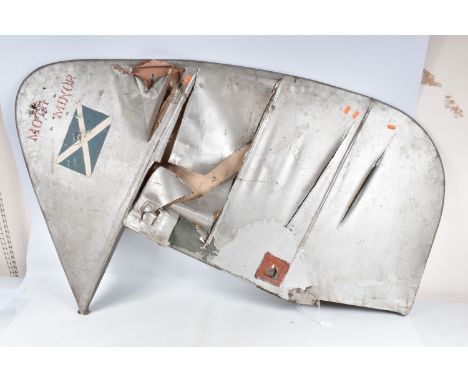 A WING SECTION FROM A DE-HAVILLAND MOTH MINOR AIRPLANE, this wing section was silver in colour and has Scottish flags and a M
