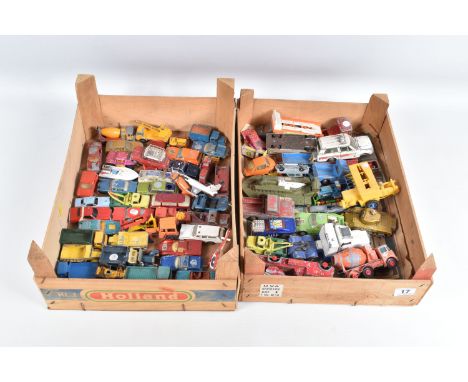 TWO WOODEN FRUIT BOXES CONTAINING PLAYWORN DIE CAST VEHICLES, to include Dinky Range rover missing wheel, Corgi BMC Mini Coop