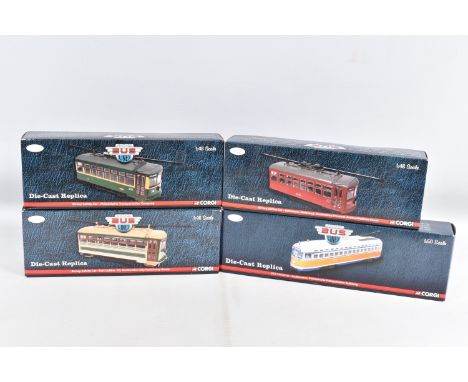 FOUR BOXED 1:48 SCALE CORGI DIECAST REPLICA VINTAGE BUS LINES, to include a Birney Safety Car Philadelphia Transportation Co.