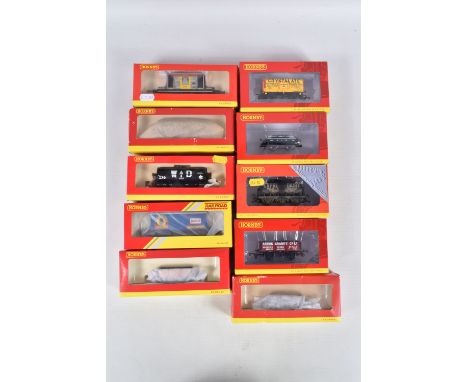TEN BOXED 00 SCALE HORNBY WAGONS, the first is a 7 Plank Wagon 'Crystalate' No.1262, numbered R6810, a 5 Plank Wagon Arenig G