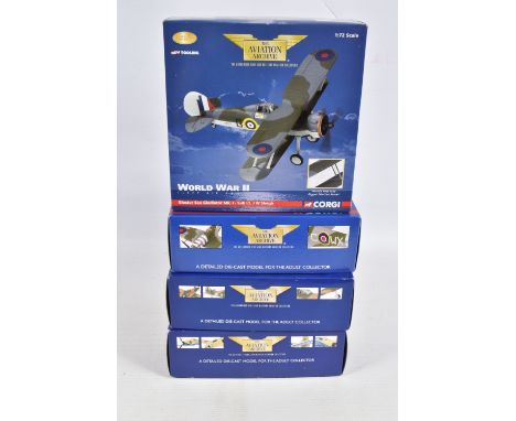 FOUR BOXED LIMITED EDITION 1/72 SCALE CORGI AVIATION ARCHIVE DIECAST MODEL AIRCRAFTS, the first is a Focke-Wulfe, numbered AA