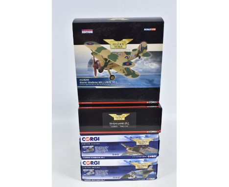 FOUR BOXED LIMITED EDITION 1/72 SCALE CORGI AVIATION ARCHIVE DIECAST MODEL AIRCRAFTS, the first is a Westland Lysander, numbe