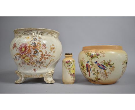 Two Pieces of Blush Ivory to Comprise Cache Pot and Bottle Vase having Silver Mounted Rim together with a Further Glazed Foot