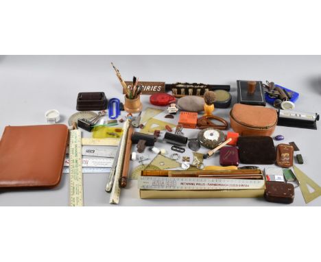 A Collection of Various Stationery Items to include Roller Ruler, Scale Rules, Leather Stationery Case Etc 