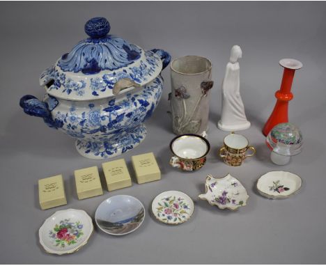 A Collection of Ceramics and Glassware to include Large Blue and White Soup Tureen, Lid AF, Spode Georgina Figural Ornament, 