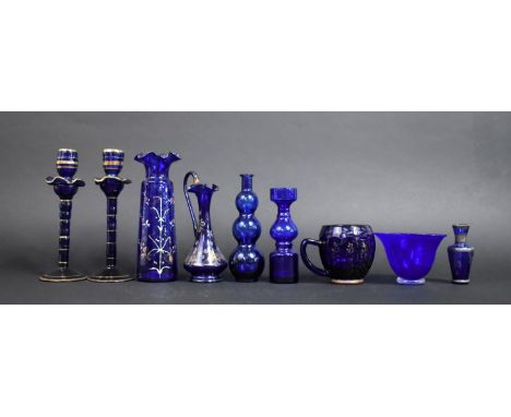 A Collection of Various Victorian and Later Blue Glass to include Candlesticks, Vases, Ewer, Tankard Etc 