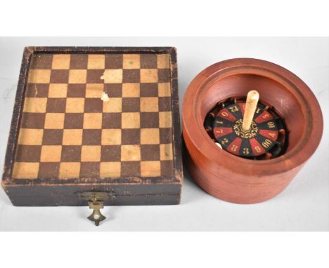 A Vintage Miniature Roulette Wheel with Ball, 8.5cms Diameter, Together with a Cased Travelling Draughts and Backgammon Set, 