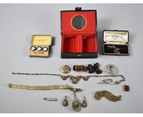 A Small Collection of Costume Jewellery to include Cased Enamelled and Mother of Pearl Silver Mounted Blouse Buttons, Watch C