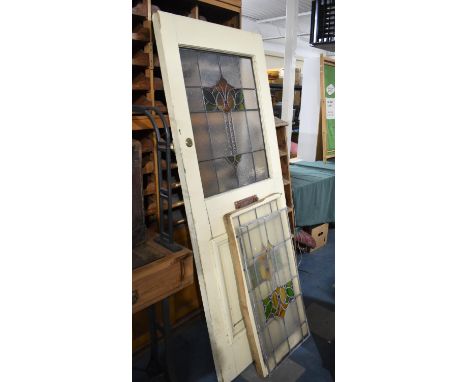 A Vintage Front Door, with Leaded and Coloured Glass Upper Panel, 80cms Wide and 194cms High together with Two Matching Glaze