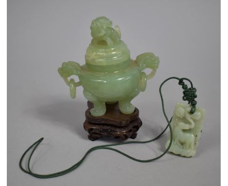 A Chinese Jade Effect Censer, Lid AF and a Jade Effect Pendant 