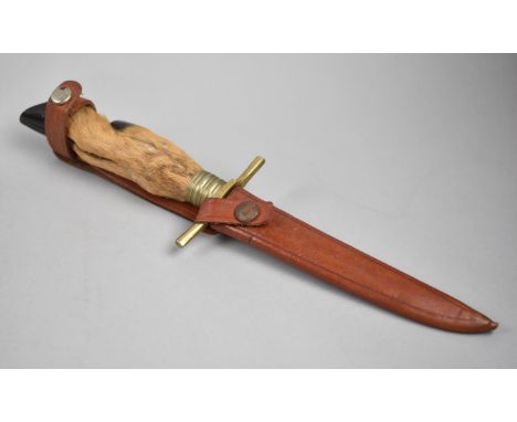 A Continental Hunting Knife with Deers Foot Handle and Leather Scabbard, Overall Length 26cms 