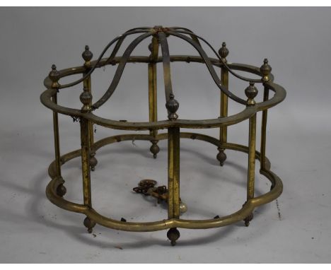 A Brass Ceiling Hanging Light Fitting of Lobed Form, Carved Finials (Condition Issues) 