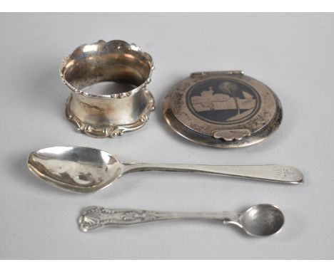 A Silver Napkin Ring, Georgian Silver Teaspoon, Kings Pattern Silver Salt and an Egyptian Silver Ladies Powder Compact 