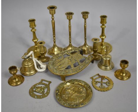A Collection of Various Brass Items to include Oriental Candlestick, Flat Irons, Bells Etc 