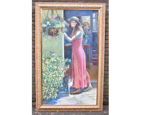 A Very Large Gilt Framed Oil on Canvas, Life Size Full Length Portrait of Girl Watering Basket of Flowers, 102cms by 177cms 