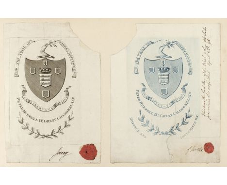 Hastings (Warren, 1732-1818). Two tickets for the trial of Warren Hastings, c.1795, two engraved tickets on laid paper (14.5 