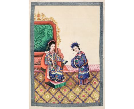 Chinese Export School. Album of court-scene pith paintings, second half of the 19th century, 12 miniatures in watercolour and