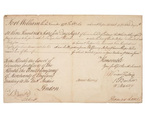 * Hastings (Warren, 1732-1818). Document signed, Fort William [India], 30 November 1772, being a manuscript bill for £164 or 