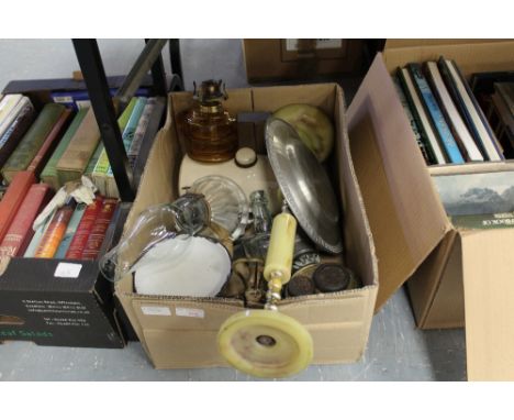 Box of misc. items including, scales, weights, hot water bottle, etc.