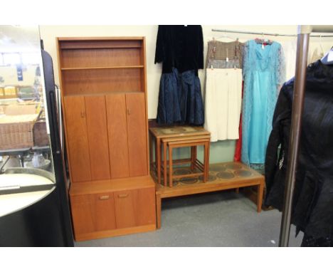 1970's teak drinks cabinet, teak tile topped coffee table and nest of tables