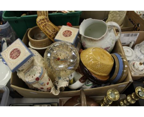 Box of assorted china and misc. items, including inlaid barometer