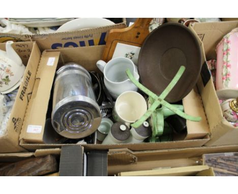 Box of kitchenalia including scales and pie funnels 