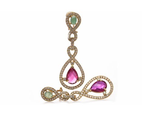 PAIR OF CREATED EMERALD AND RUBY DROP EARRINGSeach of open form and with a pear shaped white gem set drop with central pear s