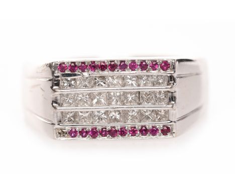 GENTLEMAN'S EIGHTEEN CARAT WHITE GOLD DIAMOND AND CREATED RUBY RINGthe rectangular bezel with three rows of channel set princ