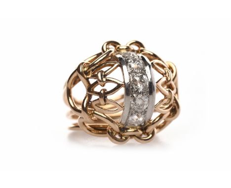 MID TWENTIETH CENTURY DIAMOND DRESS RINGof bombe from, openwork and with interlinking round and navette shaped sections of go