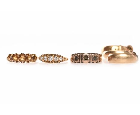 SIX VICTORIAN GOLD RINGScomprising an eighteen carat gold boat shaped diamond five stone ring, size K, 2.5g; two eighteen car