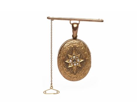 VICTORIAN ENAMELLED MOURNING LOCKET BROOCHthe oval locket with central overlaid pearl and diamond set eight pointed star, the