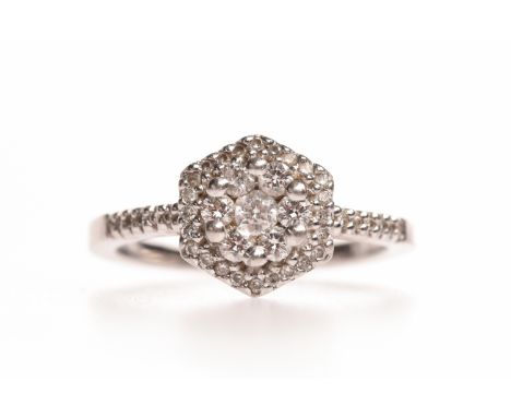 PLATINUM DIAMOND CLUSTER RING the hexagonal bezel set with round brilliant cut diamonds with a raised section of larger stone