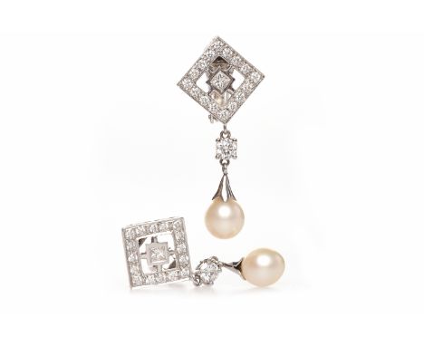 PAIR OF EIGHTEEN CARAT WHITE GOLD DIAMOND AND PEARL DROP EARRINGSeach formed by a square openwork diamond set section set wit