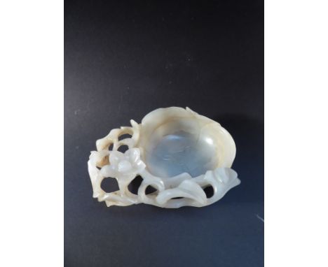 A Chinese white jade carving of water pot, in the shape of a blooming flower, finely carved scrolling branches and little flo