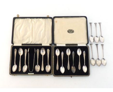 A set of six silver coffee spoons with sugar tongs en suite (cased), Birmingham, 1937; a set of six Victorian Onslow pattern 