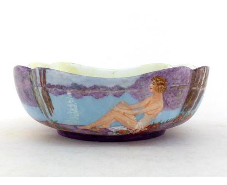 A ceramic bowl, shaped square with incurved corners, the inside splashed yellow lustre, the outside beautifully painted on ea