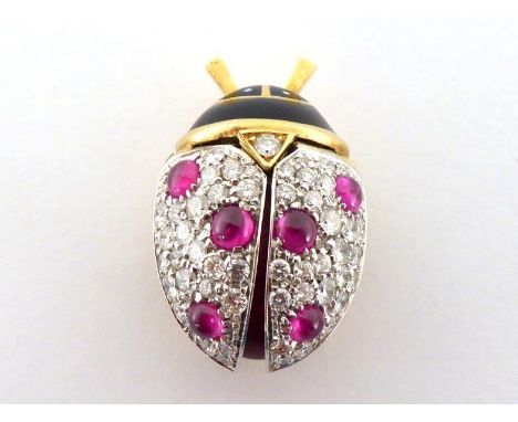 An Italian 18 carat gold, diamond, ruby and enamel ladybird brooch, the wings pave set with ruby cabochons between small bril
