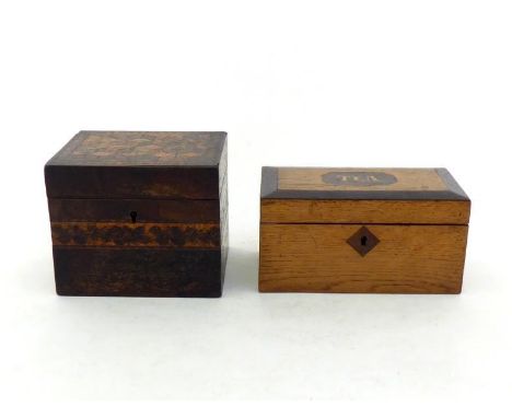 Two tea caddies, A rosewood veneered Tunbridge ware decorated caddy, the lid with parquetry three dimensional cube effect pan