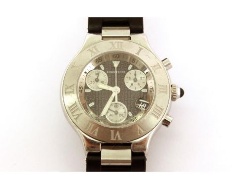 Cartier, Chronograph 21, a gentleman's quartz chronograph wristwatch, the black monogrammed dial with luminous markers and sw