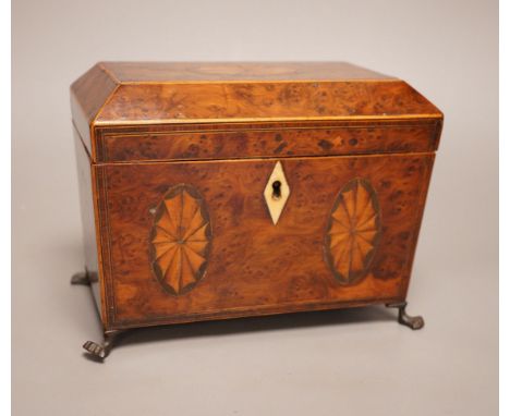 A Regency inlaid burr yew tea caddy, ivory escutcheon, 19cm foot to foot Ivory submission reference: M1NZN7MH