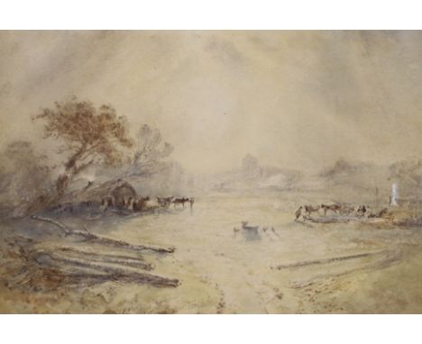 19th century English School, watercolour, Rustic landscape under ethereal light, 23 x 33cm