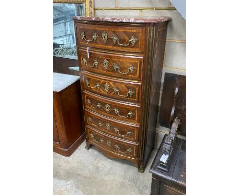 An early 20th century Louis XV style  banded kingwood gilt metal mounted marble topped six drawer commode, width 70cm, depth 